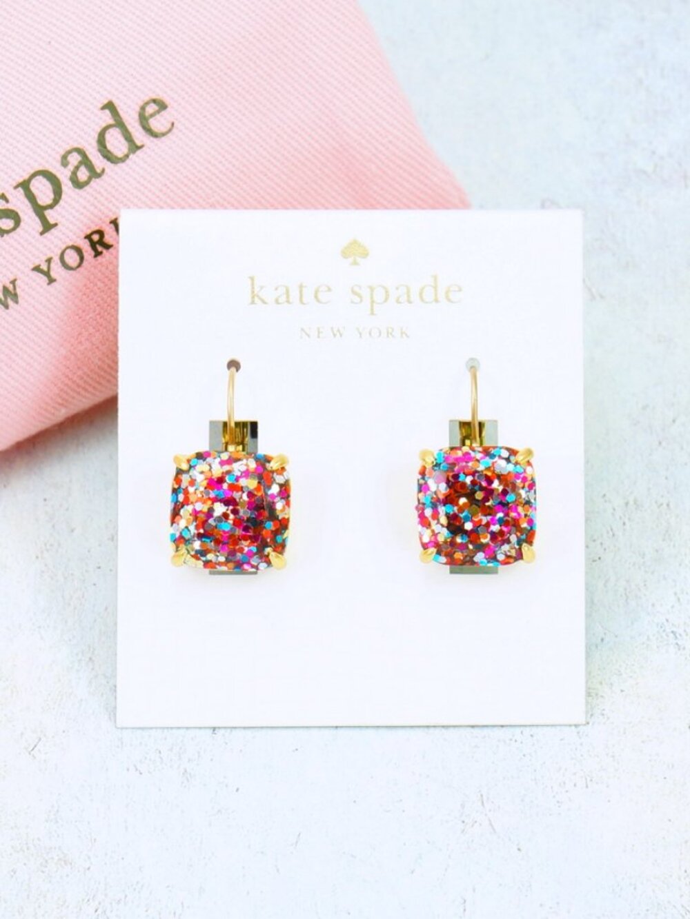 Kate Spade Square Lever back Multicolor Glitter Earrings Gold Plated